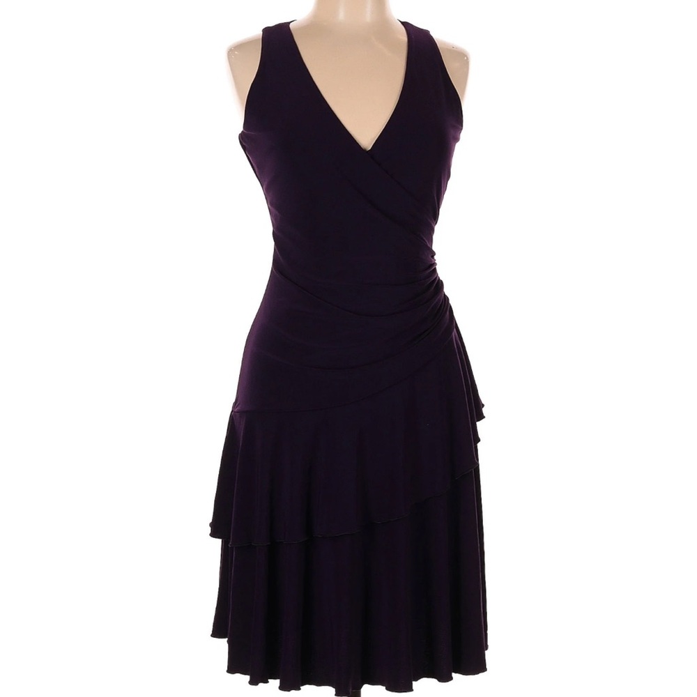 Luxe by Carmen Marc Valvo Sz 14 Black Faux Wrap Tier Cocktail Short Dress